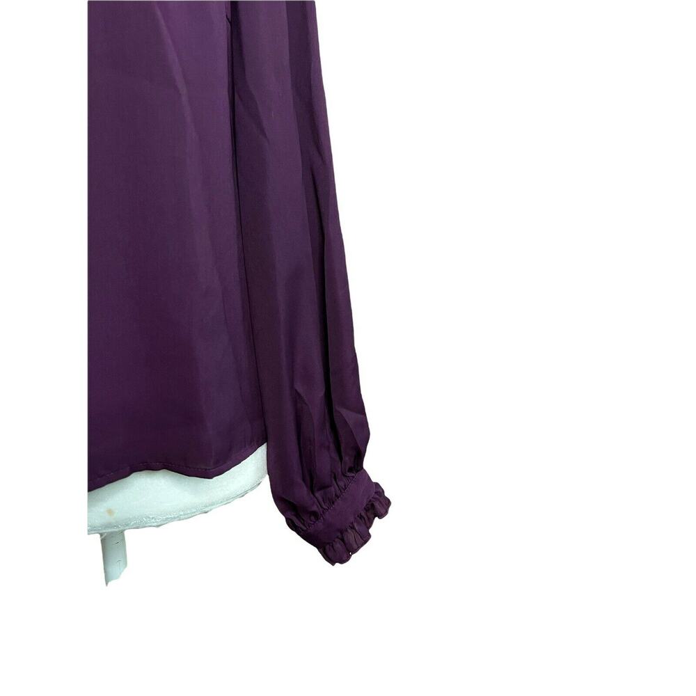 Nanette Lepore Solid Ruffled blouse Satin Smocked Deep V Purple Sz Small - Picture 6 of 9